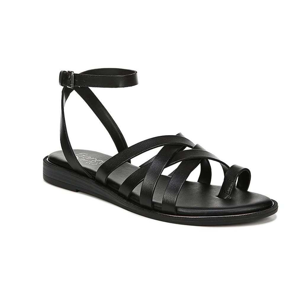 EUC Franco Sarto Georgie Strappy Casual 7.5  Women's Black Leather Sandals Flats